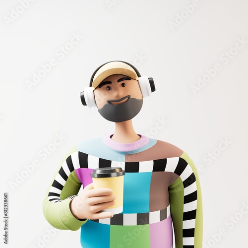 Man listening to music and holding a coffee cup.3d illustration.