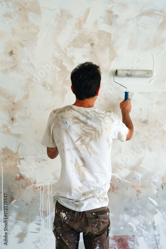 Skilled male house painter using a roller to apply white paint onto a wall as part of a home renovation project. Copy space available for text and design concepts.