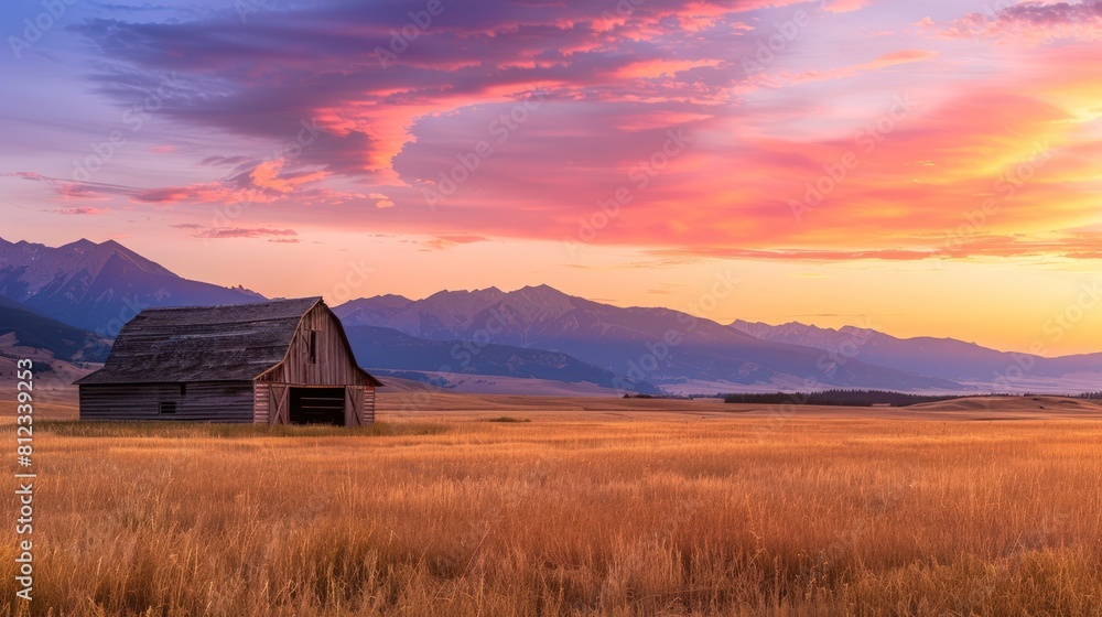 Old barn in wheat field at sunset. Old barn in wheat field at sunset.