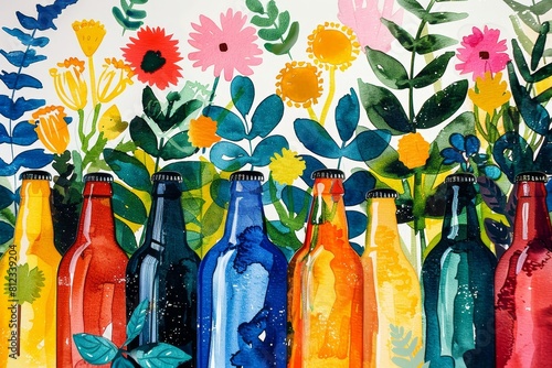 Watercolor Painting of Beer Bottles and Flowers. Generative AI photo
