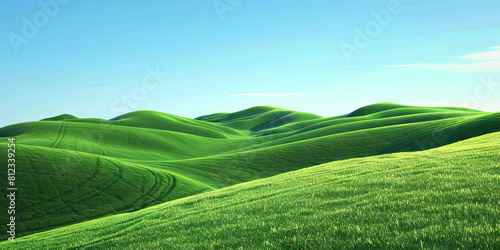 Emerald Green Hills of Tuscany: The rolling emerald green hills of Italy's Tuscany region provide a breathtaking view against the bright blue sky. This serene landscape evokes feelings of peace