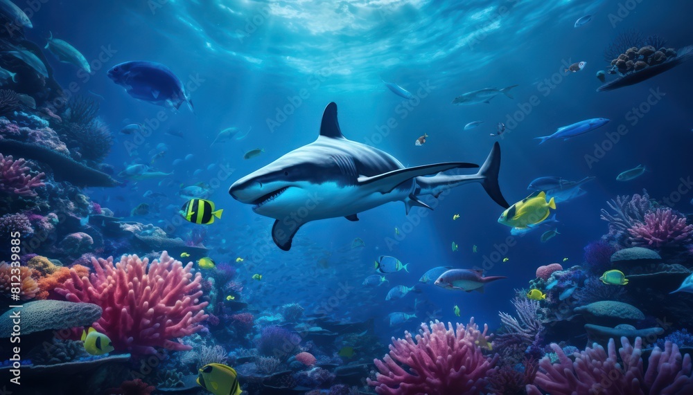 The Orcinus Orca in the ocean, portrait of Orca hunting prey in the underwater The Orcinus Orca in the ocean, portrait of Orca hunting prey in the underwater