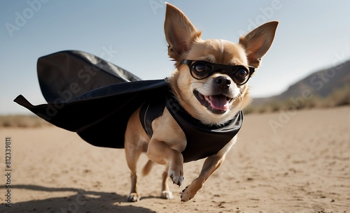 Cute chihuahua dog dressed as superhero flying on the road © ASGraphicsB24
