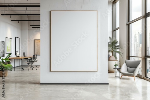 Office Interior with Blank White Poster Mockup created with Generative AI © dendyh7
