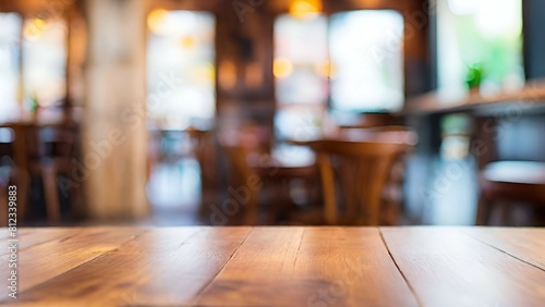 Empty wood table and Coffee shop blur background with bokeh