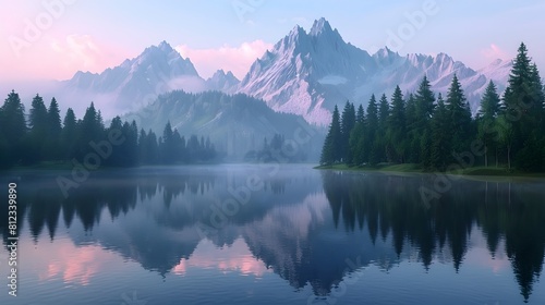 Serene Mountain Lake Reflecting Picturesque Peaks at Dusk with Tranquil Pine Forest Shoreline
