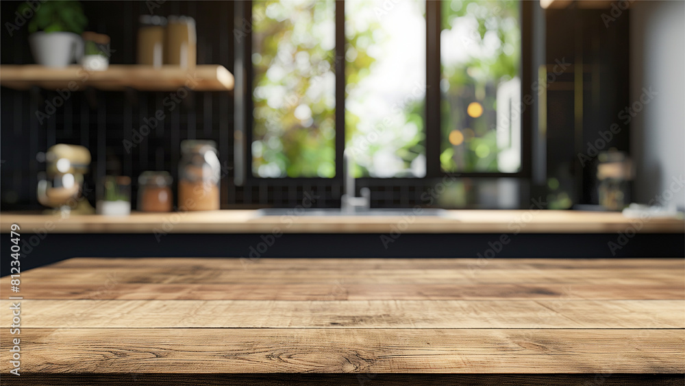 empty beautiful wood table top counter and blur bokeh modern kitchen interior background in clean and bright. empty beautiful wood table top counter and blur bokeh modern kitchen interior background in clean and bright.