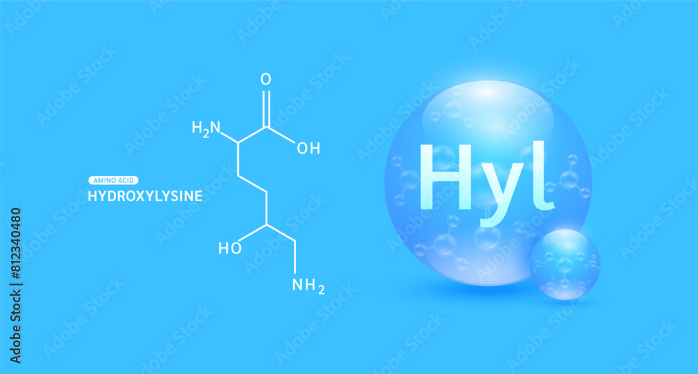 Hydroxylysine amino acid blue and chemical formula structural. Biomolecules that combine to form