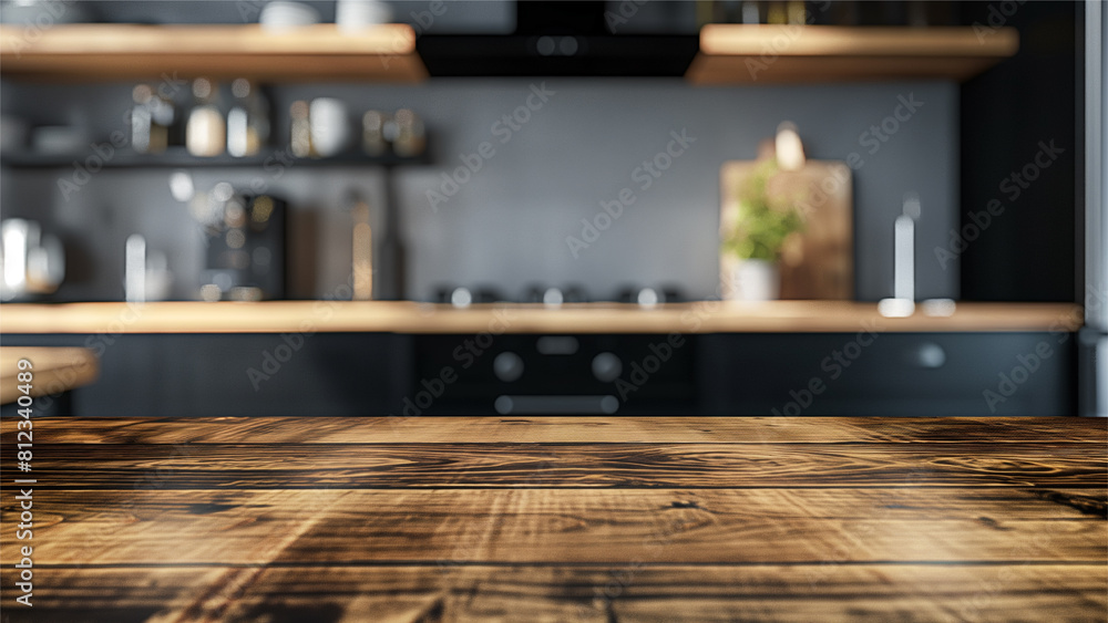 empty beautiful wood table top counter and blur bokeh modern kitchen interior background in clean and bright.