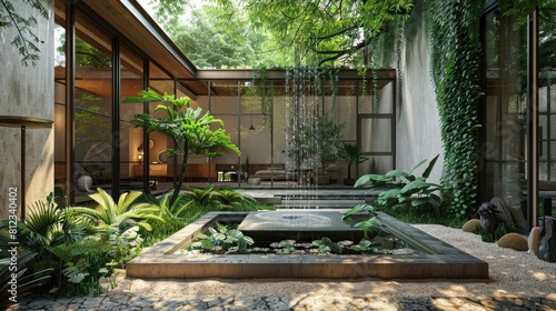 A small courtyard of a modern home with a fountain and water feature surrounded by lush greenery, plants, potted trees
