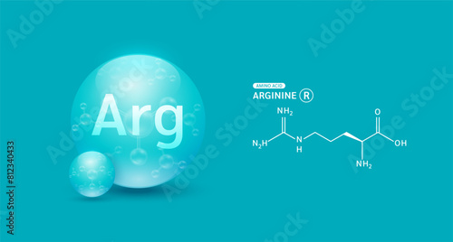 Arginine amino acid green and chemical formula structural. Biomolecules that combine to form proteins nutrients necessary for health muscle. For dietary supplements ads. Medical scientific. Vector.