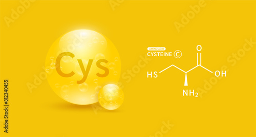 Cysteine amino acid yellow and chemical formula structural. Biomolecules that combine to form proteins nutrients necessary for health muscle. For dietary supplements ads. Medical scientific. Vector.