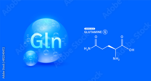Glutamine amino acid blue and chemical formula structural. Biomolecules that combine to form proteins nutrients necessary for health muscle. For dietary supplements ads. Medical scientific. Vector.