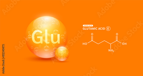 Glutamic acid amino orange and chemical formula structural. Biomolecules that combine to form proteins nutrients necessary for health muscle. For dietary supplements ads. Medical scientific. Vector.