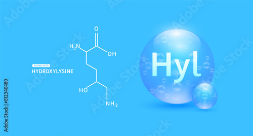 Hydroxylysine amino acid blue and chemical formula structural. Biomolecules that combine to form proteins nutrients necessary for health muscle. For dietary supplements ads. Vector. photo