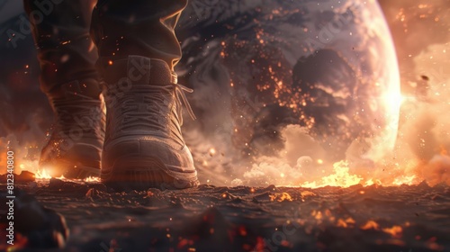 A person in shoes walks on fire with earth in the background. photo