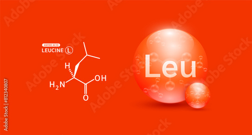 Leucine amino acid red and chemical formula structural. Biomolecules that combine to form proteins nutrients necessary for health muscle. For dietary supplements ads. Medical scientific. Vector.