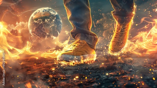 A person in shoes walks on fire with earth in the background.
