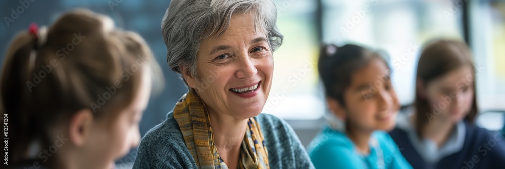 A female teacher smiles while interacting with engaged elementary students in a classroom setting, symbolizing education A female teacher smiles while interacting with engaged elementary students in a classroom setting, symbolizing education