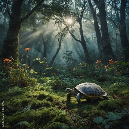 A mystical forest glade where turtles mingle with mythical creatures like unicorns and fairies.
 photo