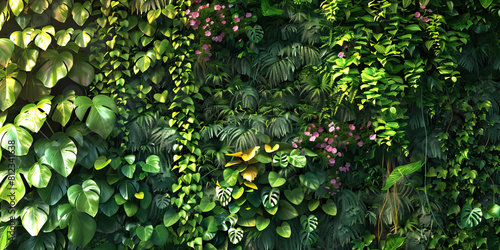 Vertical Gardens: A lush and green oasis amidst the urban jungle, depicting a wall covered in vines, flowers, and other plants thriving in the concrete city.