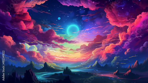 Hand drawn cartoon illustration of beautiful colorful clouds in the night sky  © 俊后生