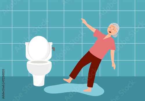 Elderly woman falling in the bathroom, domestic accident concept.