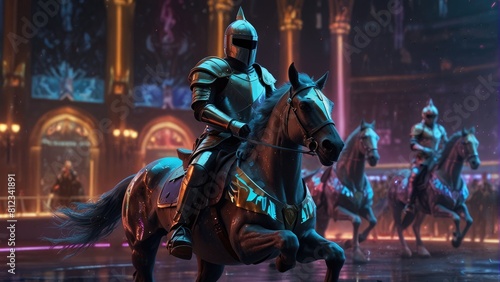Knights in shining armor race in a futuristic arena