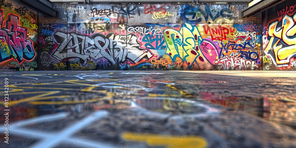 Fototapeta premium Urban Canvas: A sweeping panorama of graffiti-covered concrete walls, showcasing the colorful and ever-evolving artwork that adorns the city's alleyways and underpasses