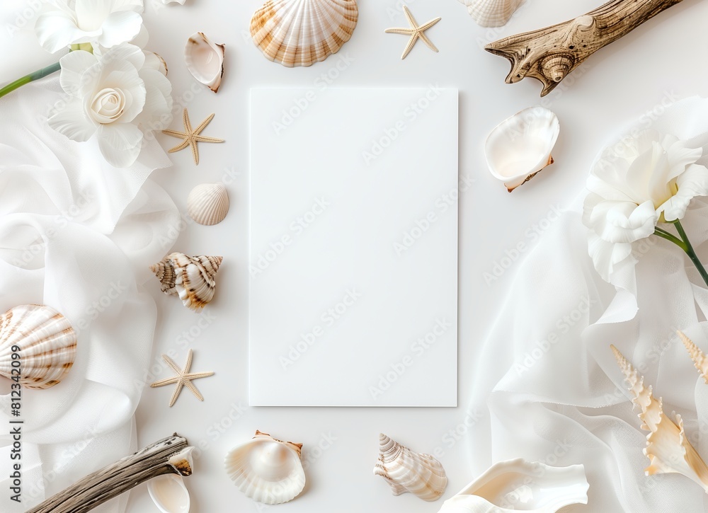 Obraz premium Summer time concept with blank greeting card and blank white paper on colored background. Seashells from ocean shore in the shape of frame separated with space for text top view