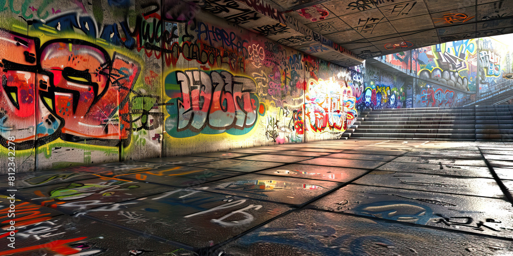 Obraz premium Urban Canvas: A sweeping panorama of graffiti covered concrete walls, showcasing the colorful and ever-evolving artwork that adorns the city's alleyways and underpasses