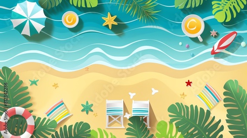  Sunlight beach illustration flat design top view summer theme cartoon drawing vivid.