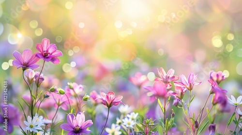 Fototapeta Naklejka Na Ścianę i Meble -  Blurred background featuring spring flowers in an abstract landscape