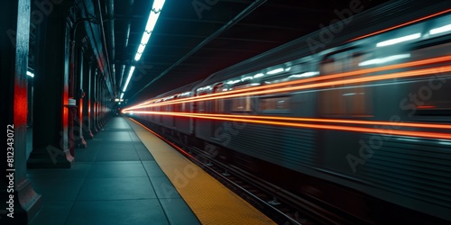 A high-speed capture of a subway train in motion with red lights glowing in the station