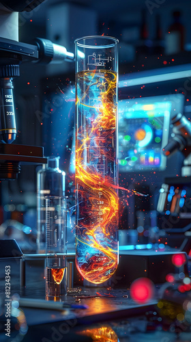 Glowing Test Tube with Swirling Neon Liquid in High-Tech Scientific Laboratory