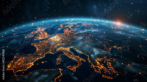 Europe-Centric Internet Map: Global Connections, Fast Data Transfer, Cyber Tech, Info Swaps, International Comm. "Europe-Centric Digital Earth Map: Exploring Worldwide Connections, Fast Data Sharing,