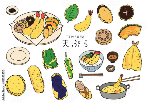 いろんな天ぷらの手描きイラストセット（カラー）