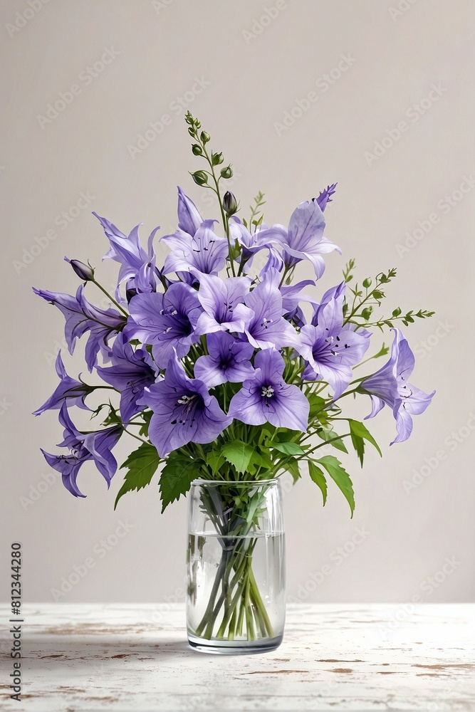 a bouquet of freshly picked campanula flowers arranged in a glass vase on a white tabletop a bouquet of freshly picked campanula flowers arranged in a glass vase on a white tabletop