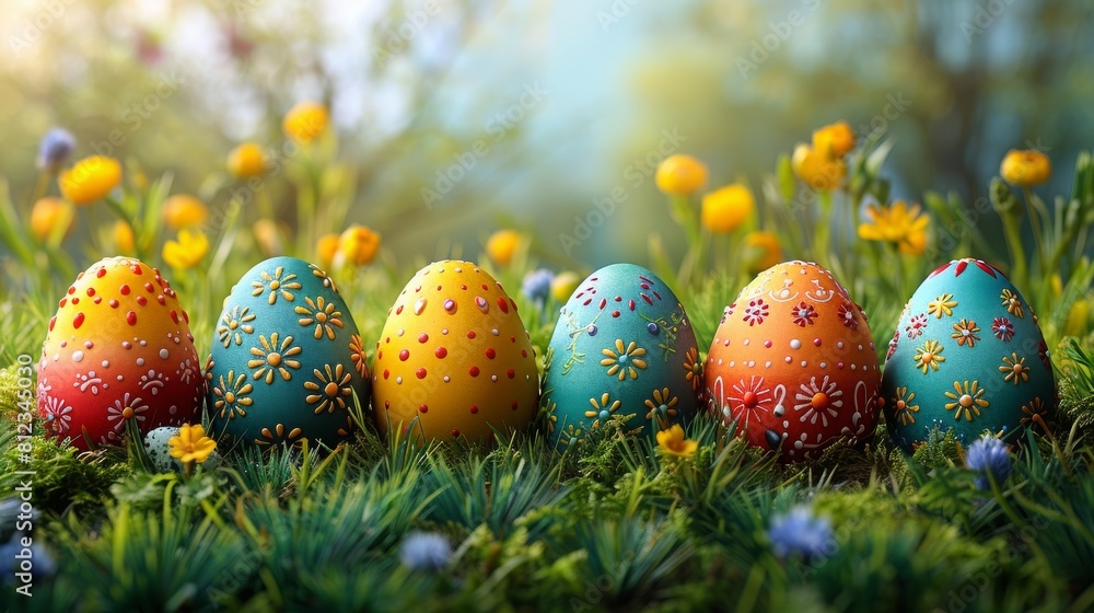 Row of Decorative Easter Eggs in Flowering Meadow Row of Decorative Easter Eggs in Flowering Meadow