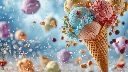 Whimsical Ice Cream Scoops Defying Gravity in a Colorful Surreal Frozen Treat Composition