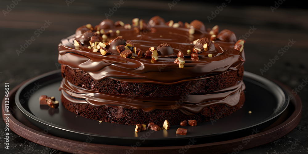 Chocolate cake with chocolate glaze on a dark background. Indulgent chocolate cake with whipped cream decoration.
