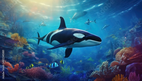 The Orcinus Orca in the ocean  portrait of Orca hunting prey in the underwater