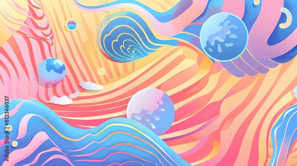 A vibrant abstract of flowing shapes and bubbles in pastel hues