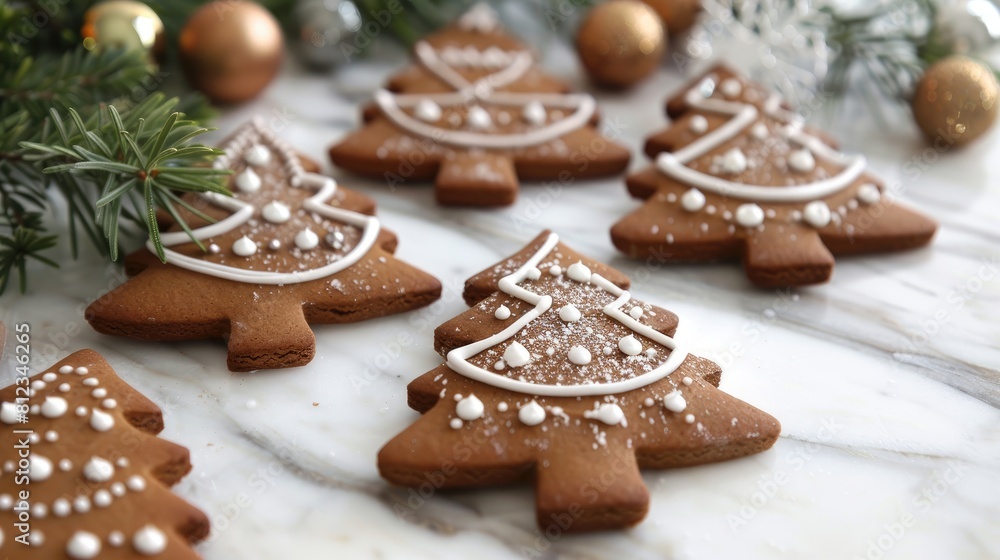 Christmas tree shaped gingerbread cookies decorated with fresh branches and ornaments Christmas tree shaped gingerbread cookies decorated with fresh branches and ornaments