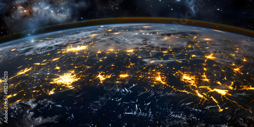 3D Rendering Earth Night Big city lights view from space. Planet earth globe with night realistic world map. Communication concept.