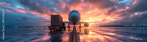 A wide-body airliner is parked on a runway at sunset photo