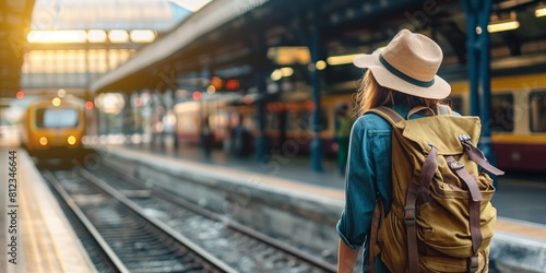 A woman with a backpack and hat stands on a station platform, waiting for a train as another arrives
