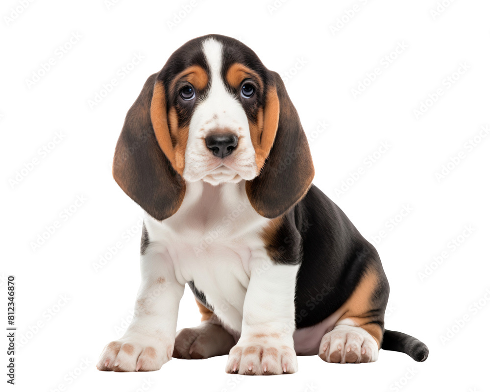 Funny cute young basset hound puppy isolated on transparent background