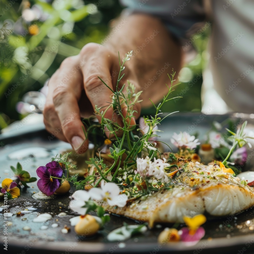 Fototapeta premium Chef pairing flounder with ancient herbal remedies at a wellness retreat holistic and healing