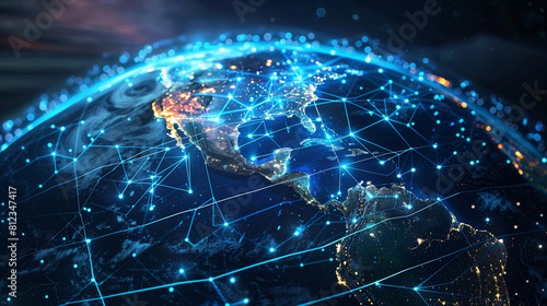 America-Centered Digital Globe: Exploring Global Connections, Fast Data Transfer, Cyber Tech, Info Exchange, and Worldwide Communication #812347417
